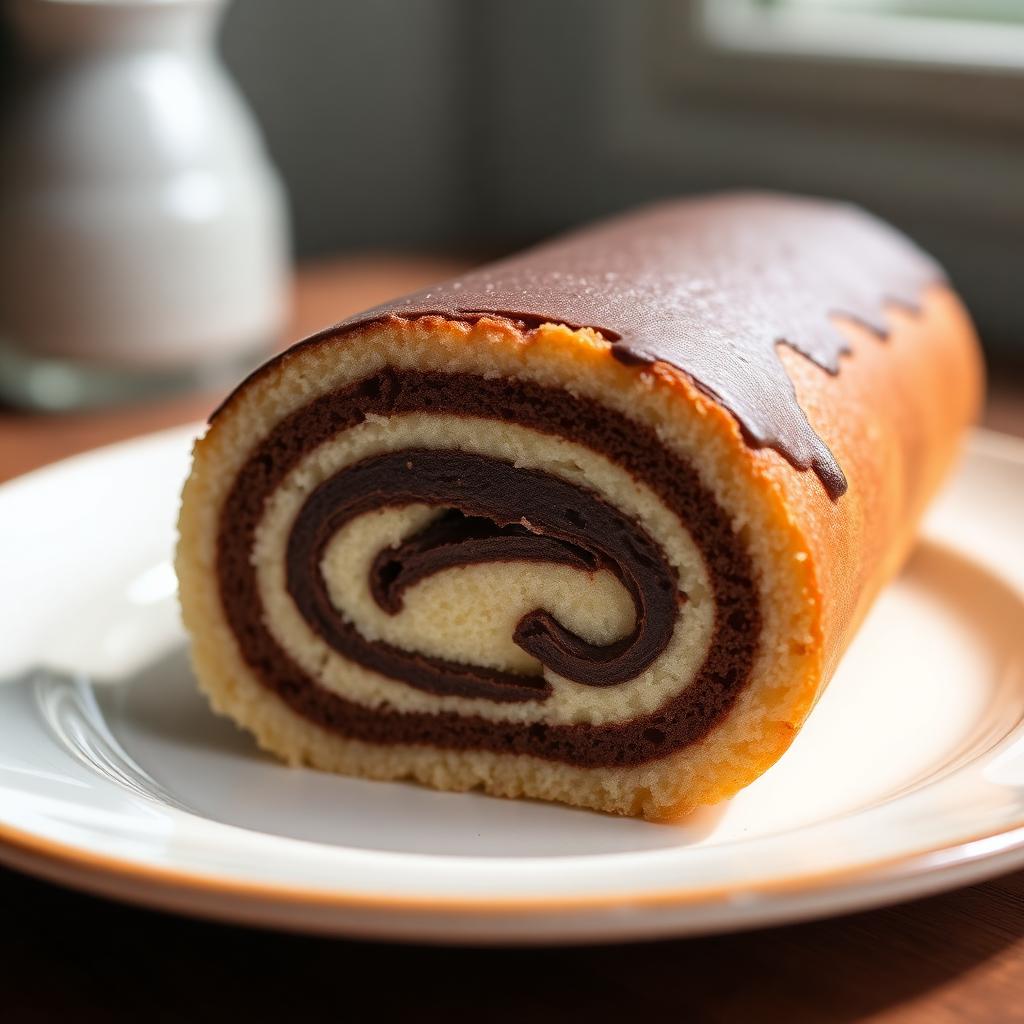 Skivad ljus rulltårta med mörk chokladsmörkräm